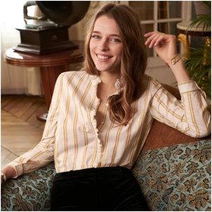 SÉZANE Raida Cotton Linen Shirt - Stripes Ecru/Ochre